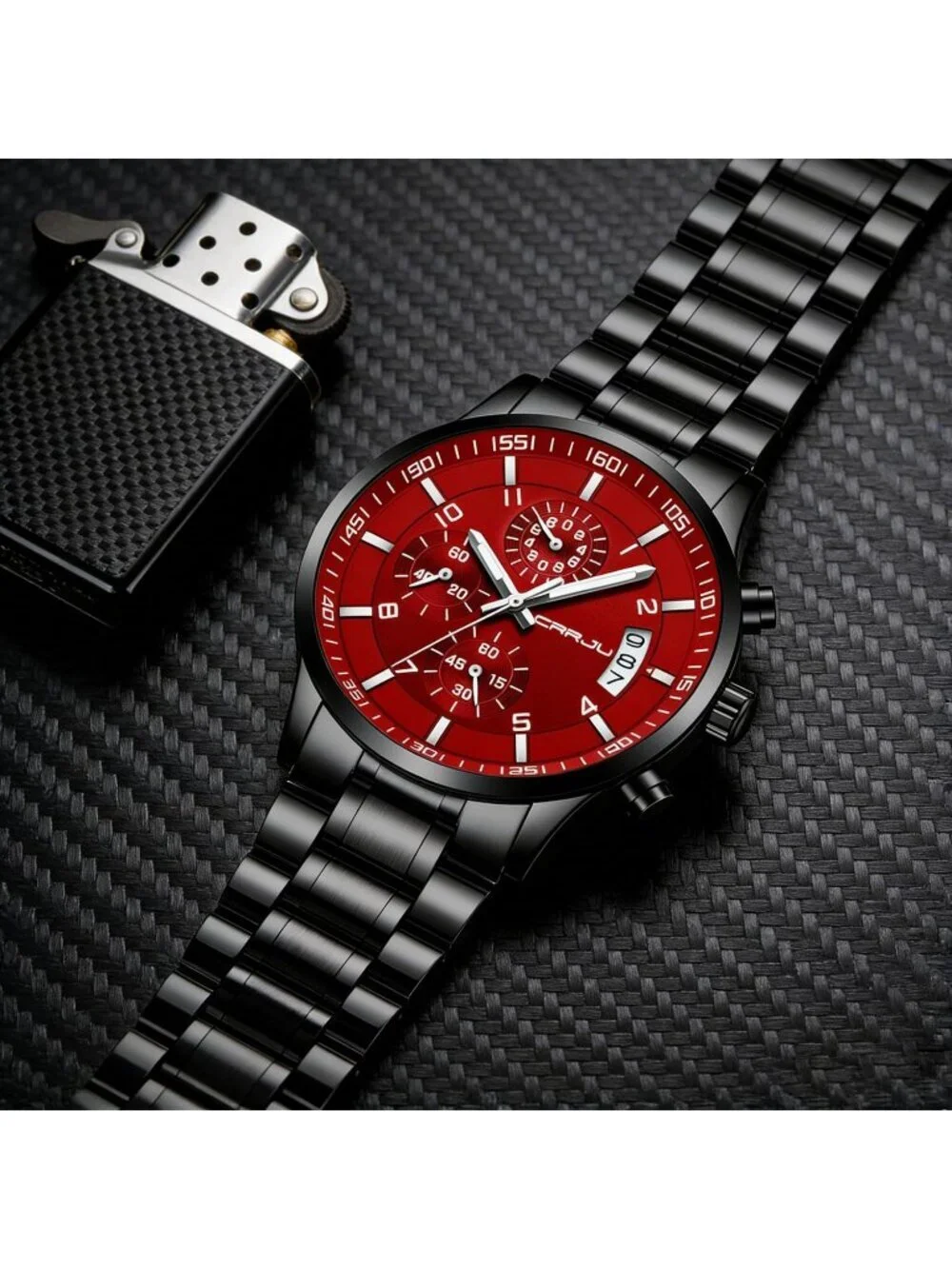 Men's Black Red Analog Quartz Stainless Steel Waterproof Chronograph Wrist Watch
